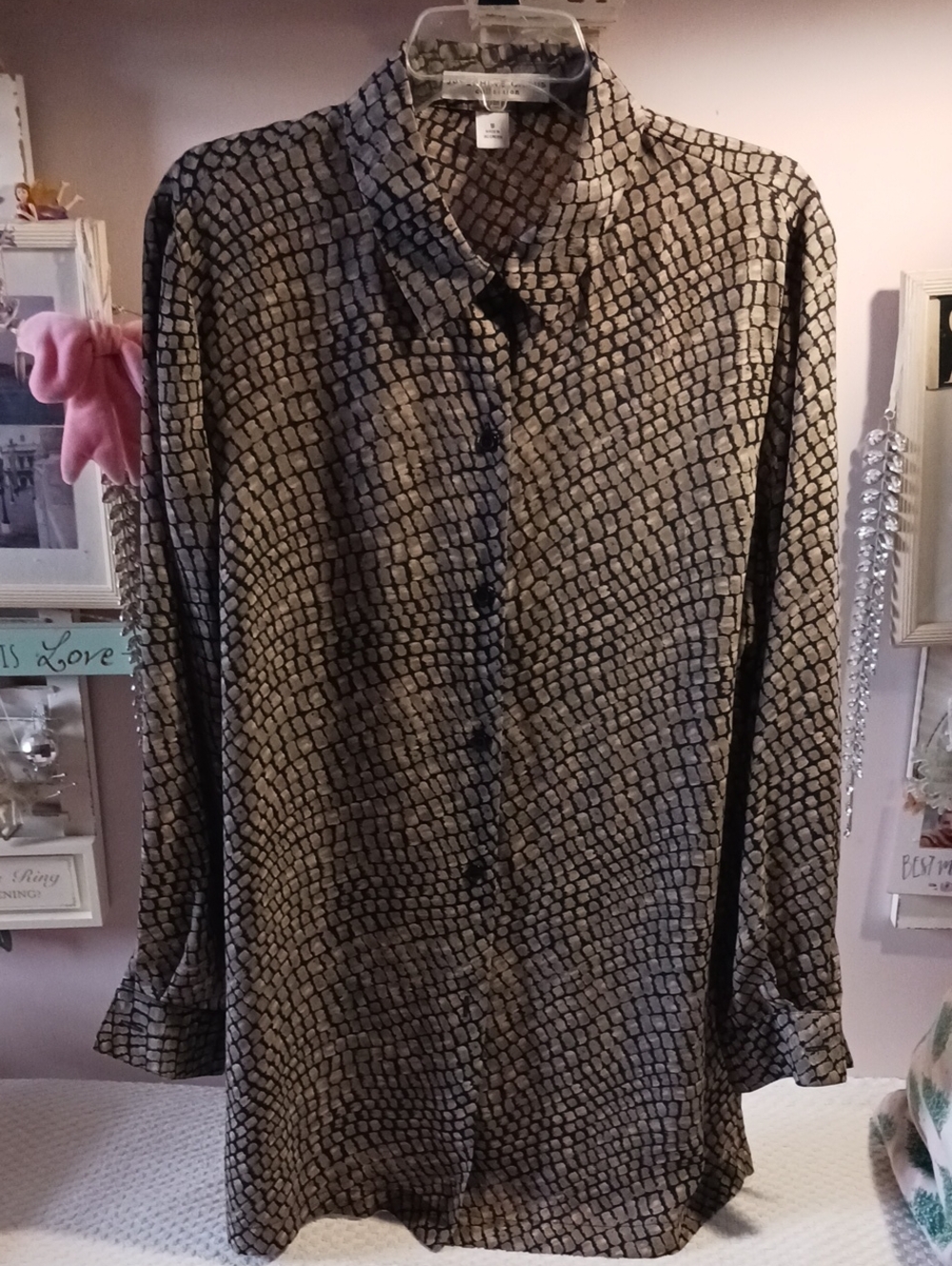 Josephine Chaus ⚜️ Black & Gray Tile Print Button-Up Shirt Jacket/Tunic 16